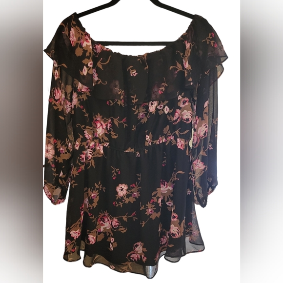 Lane Bryant Women's Size 14 Black Pink Floral Print Convertible Ruffle Top - Picture 3 of 3